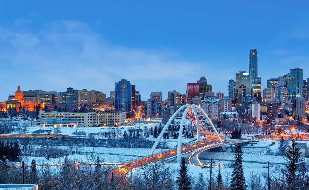 Downtown Edmonton and the Walterdale Bridge at dusk in winter