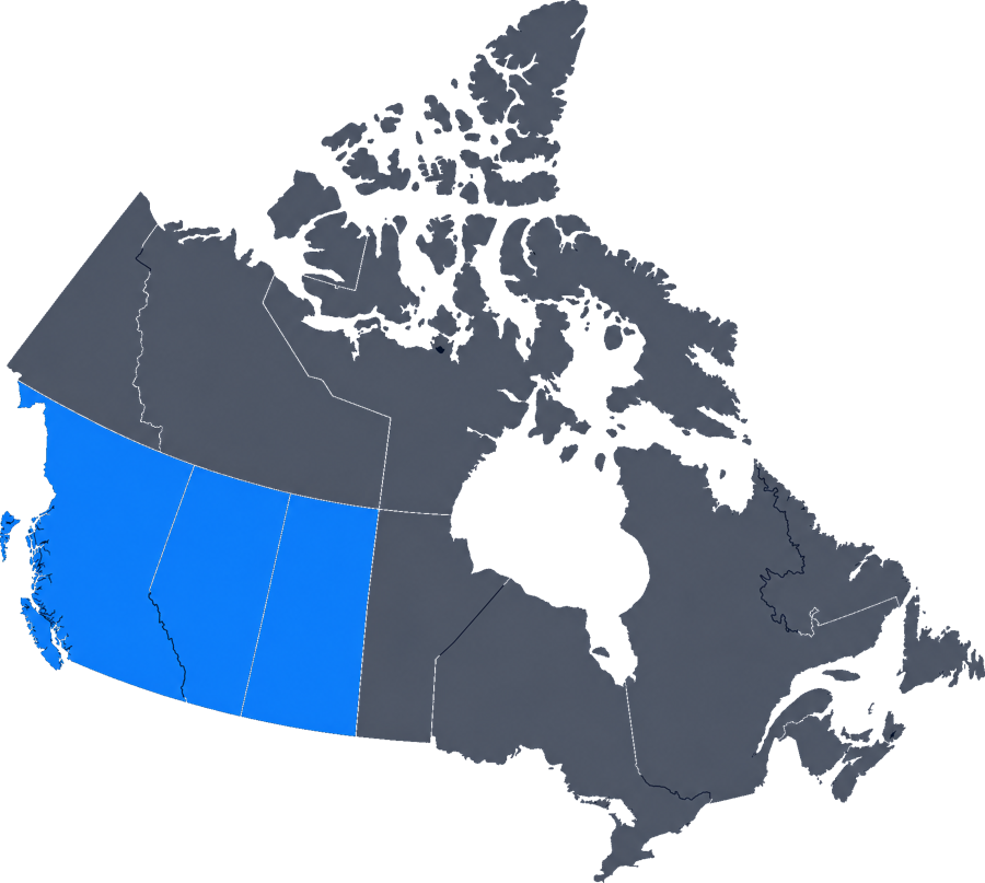 Map of Canada with British Columbia, Alberta and Saskatchewan highlighted